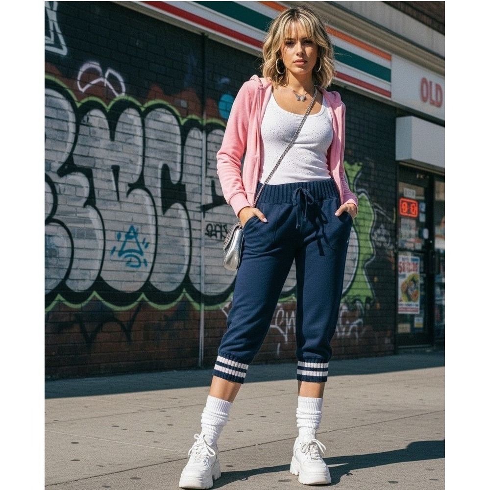 Y2K Old Navy Navy Blue Crop Joggers S Varsity Stripe Ribbed Knit Sweatpants